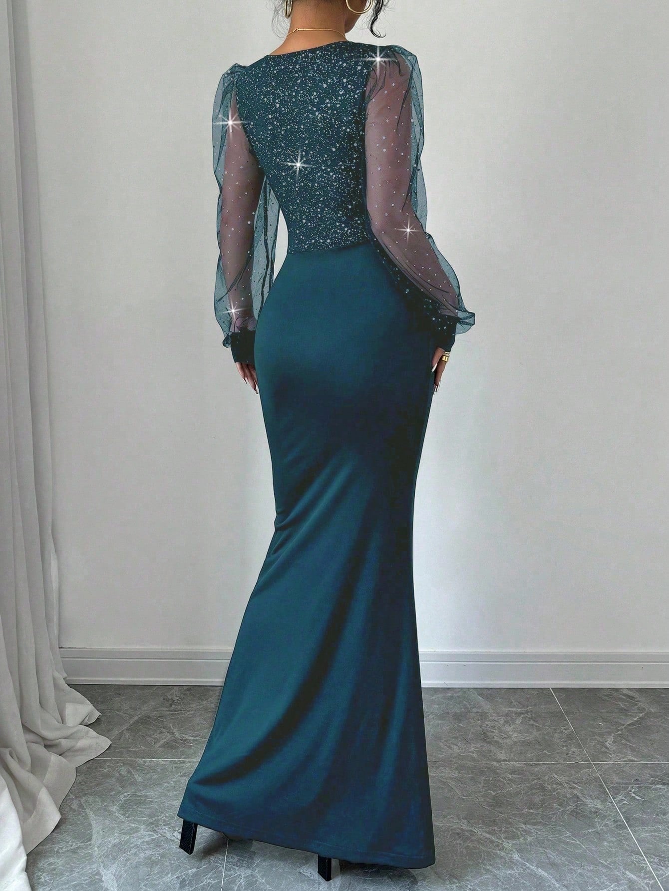Fashzeo teal blue V-neck sequin spliced maxi dress with a daring high slit and body-hugging elastic knit for premium party wear