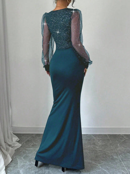 Fashzeo teal blue V-neck sequin spliced maxi dress with a daring high slit and body-hugging elastic knit for premium party wear