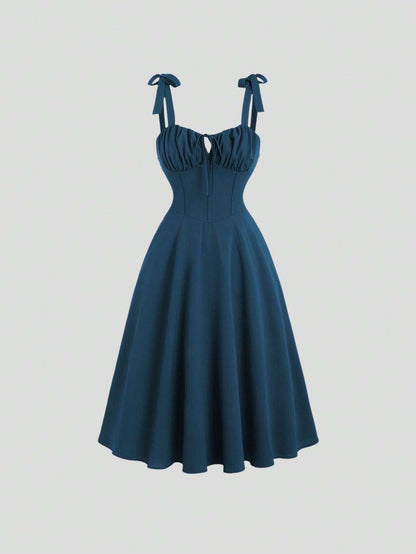 Fashzeo teal blue corset-style midi dress with ruched bust and adjustable tie-shoulder straps for women