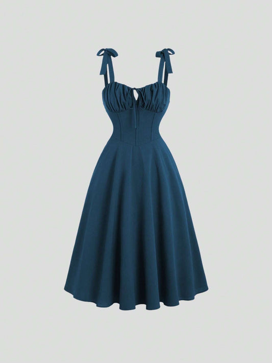 Fashzeo teal blue corset-style midi dress with ruched bust and adjustable tie-shoulder straps for women