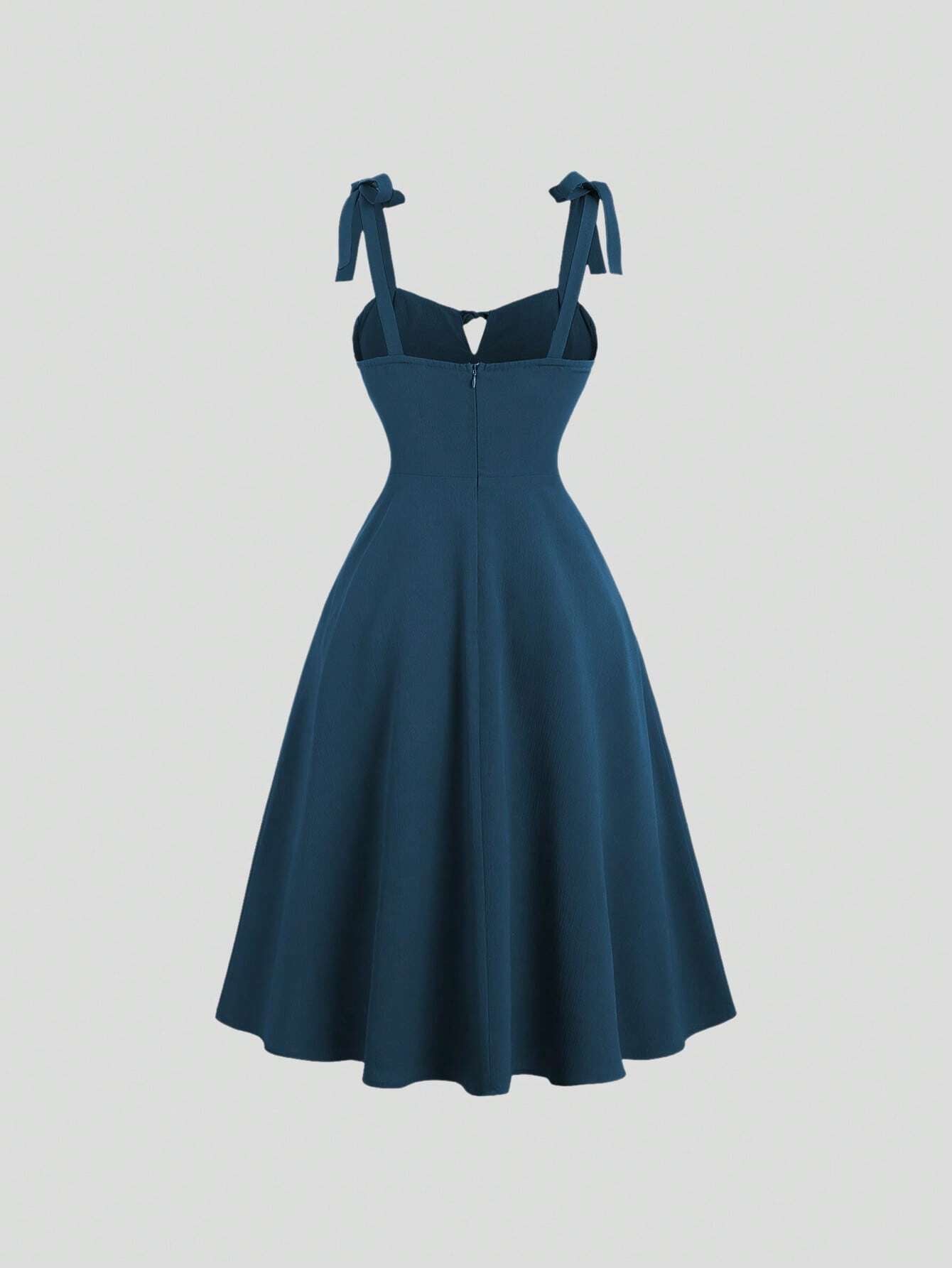 Fashzeo teal blue corset-style midi dress with ruched bust and adjustable tie-shoulder straps for women1