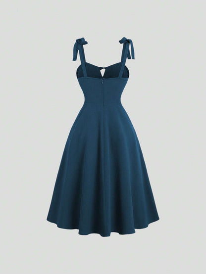 Fashzeo teal blue corset-style midi dress with ruched bust and adjustable tie-shoulder straps for women1