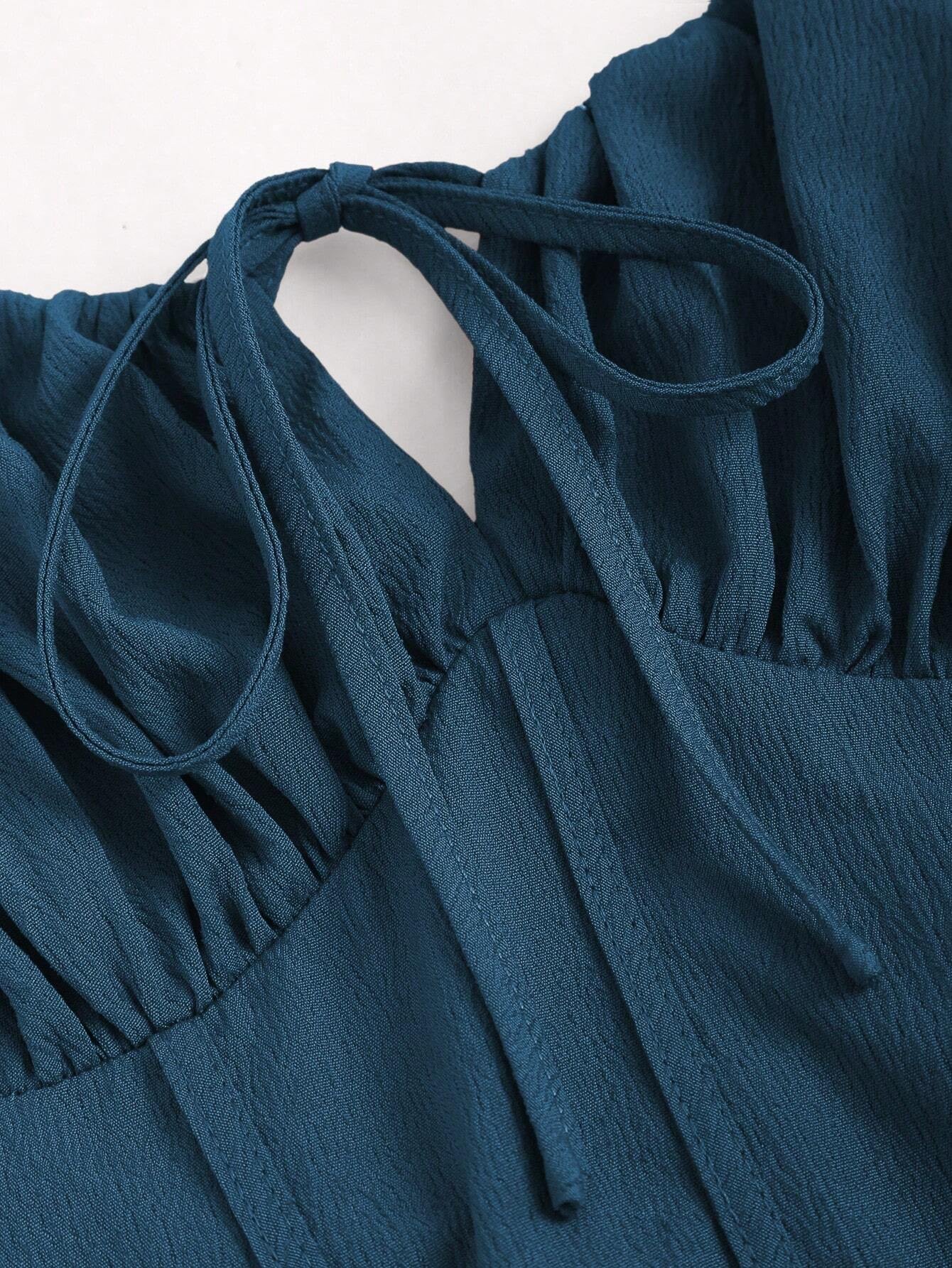 Fashzeo teal blue corset-style midi dress with ruched bust and adjustable tie-shoulder straps for women2