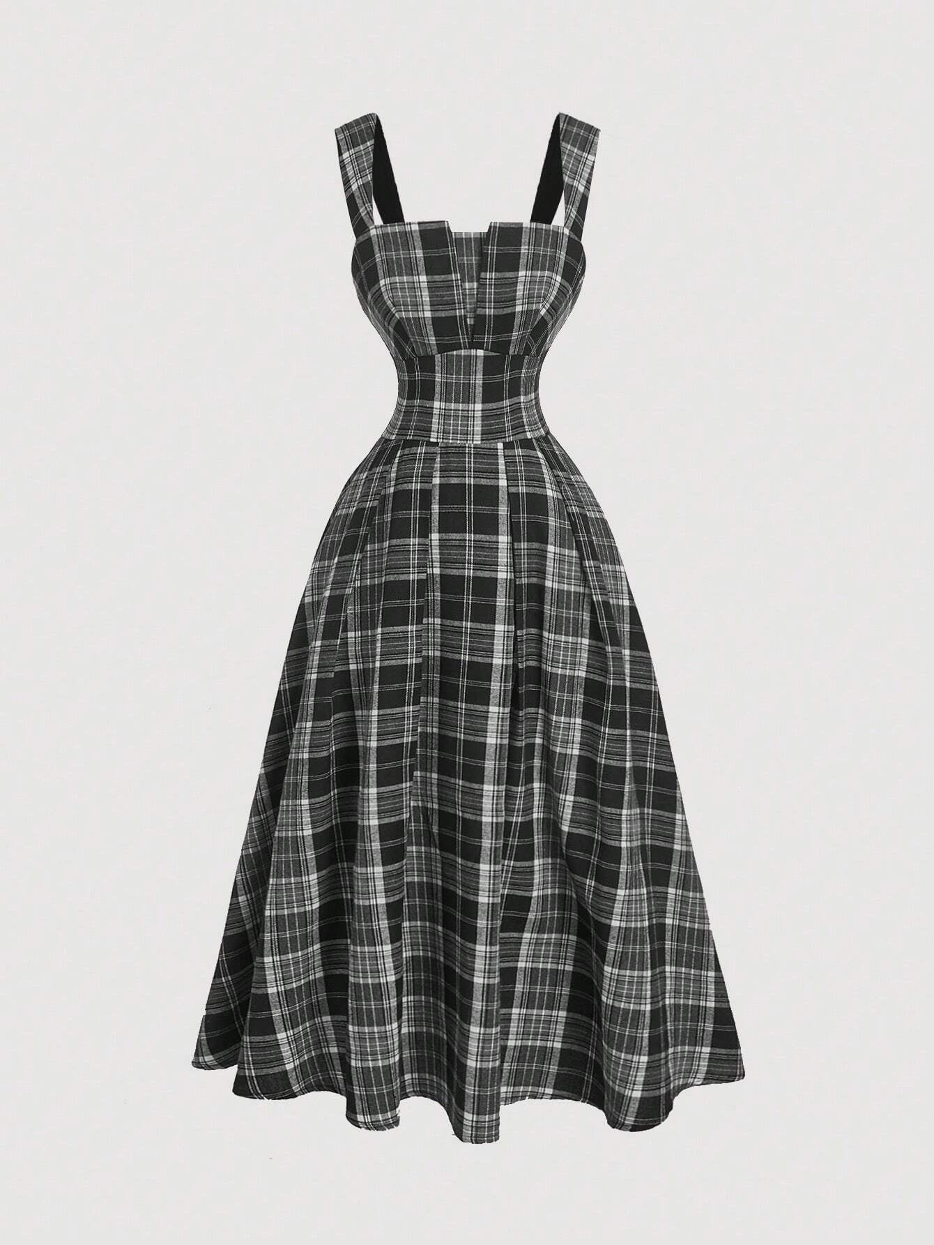 Fashzeo vintage plaid midi slip dress in black-white featuring a cinched waist and flared hem