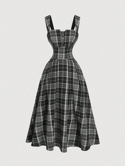 Fashzeo vintage plaid midi slip dress in black-white featuring a cinched waist and flared hem