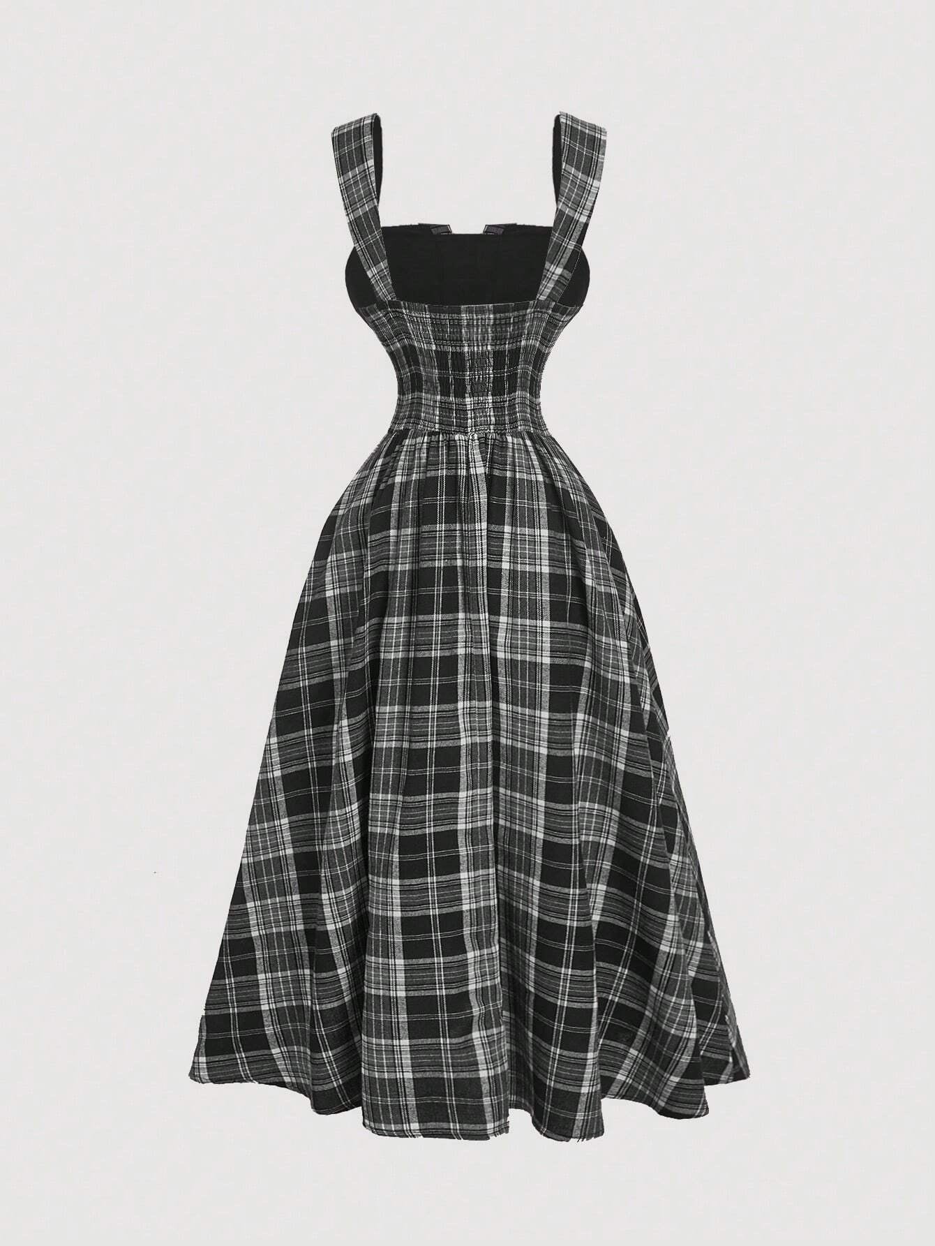 Fashzeo vintage plaid midi slip dress in black-white featuring a cinched waist and flared hem1