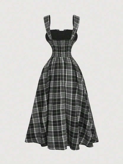 Fashzeo vintage plaid midi slip dress in black-white featuring a cinched waist and flared hem1