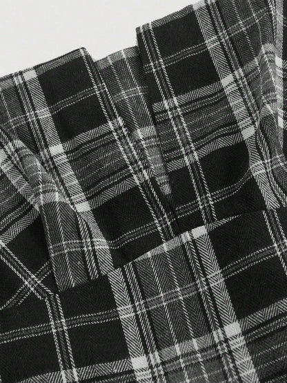 Fashzeo vintage plaid midi slip dress in black-white featuring a cinched waist and flared hem2
