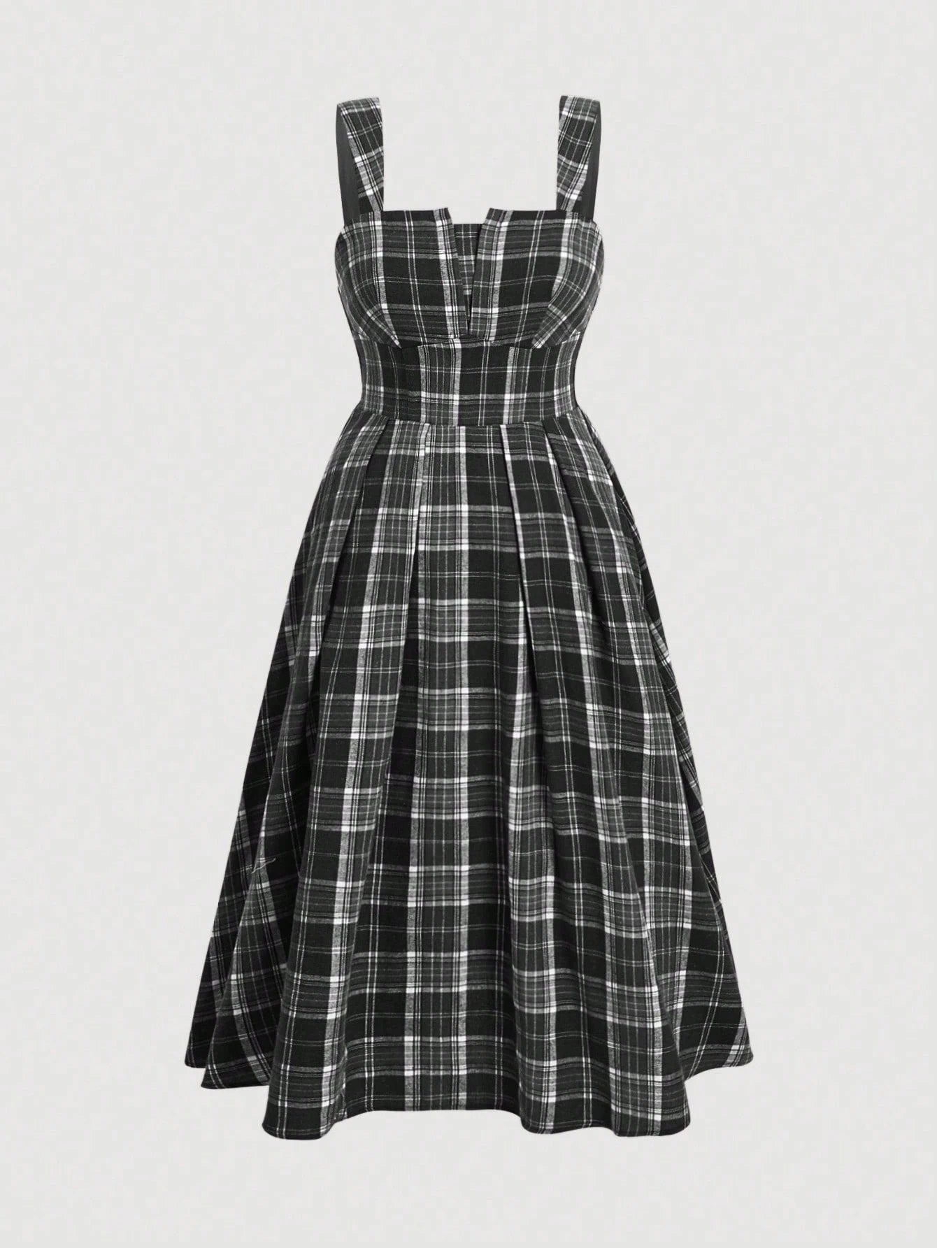 Fashzeo vintage plaid midi slip dress in black-white featuring a cinched waist and flared hem4