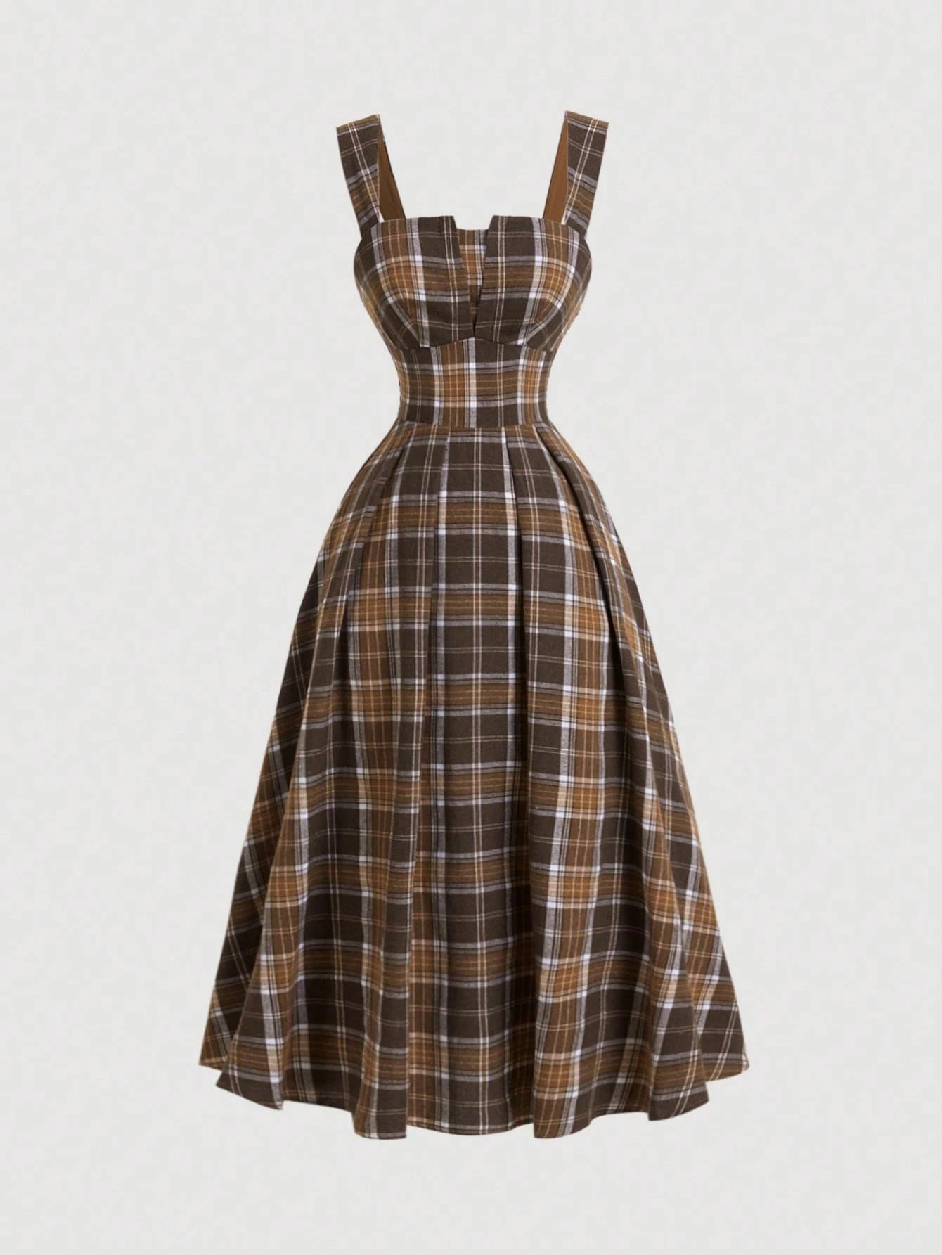 Fashzeo vintage plaid midi slip dress in brown featuring a cinched waist and flared hem