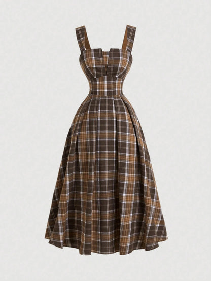 Fashzeo vintage plaid midi slip dress in brown featuring a cinched waist and flared hem