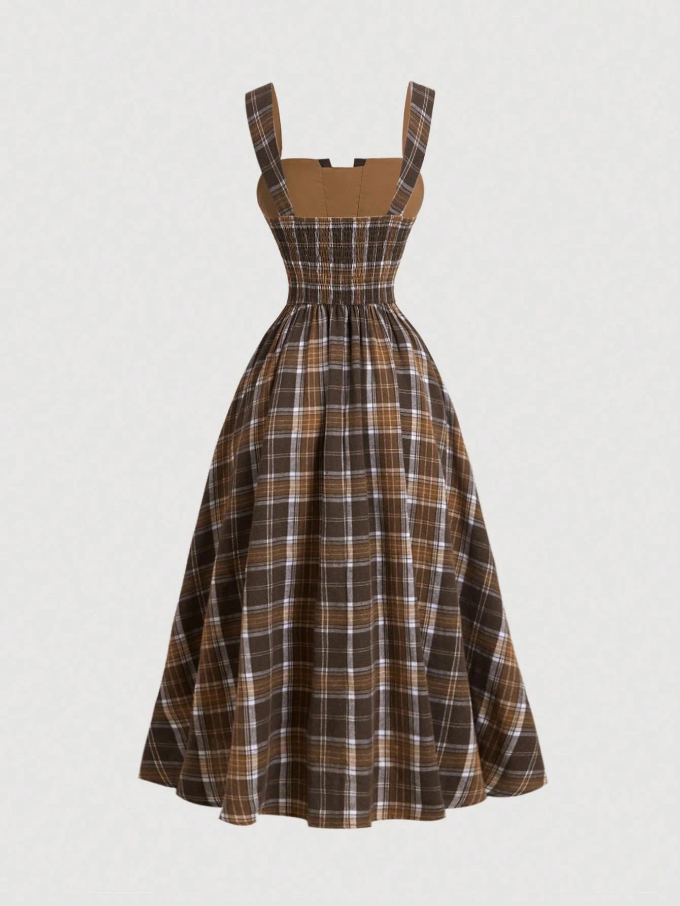 Fashzeo vintage plaid midi slip dress in brown featuring a cinched waist and flared hem1