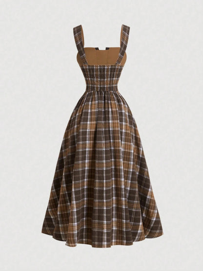 Fashzeo vintage plaid midi slip dress in brown featuring a cinched waist and flared hem1