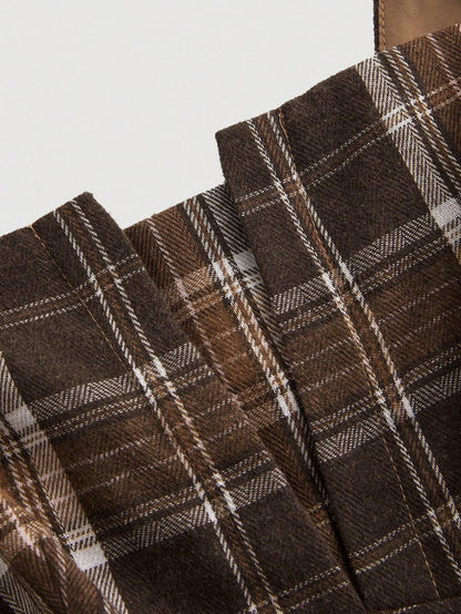 Fashzeo vintage plaid midi slip dress in brown featuring a cinched waist and flared hem2