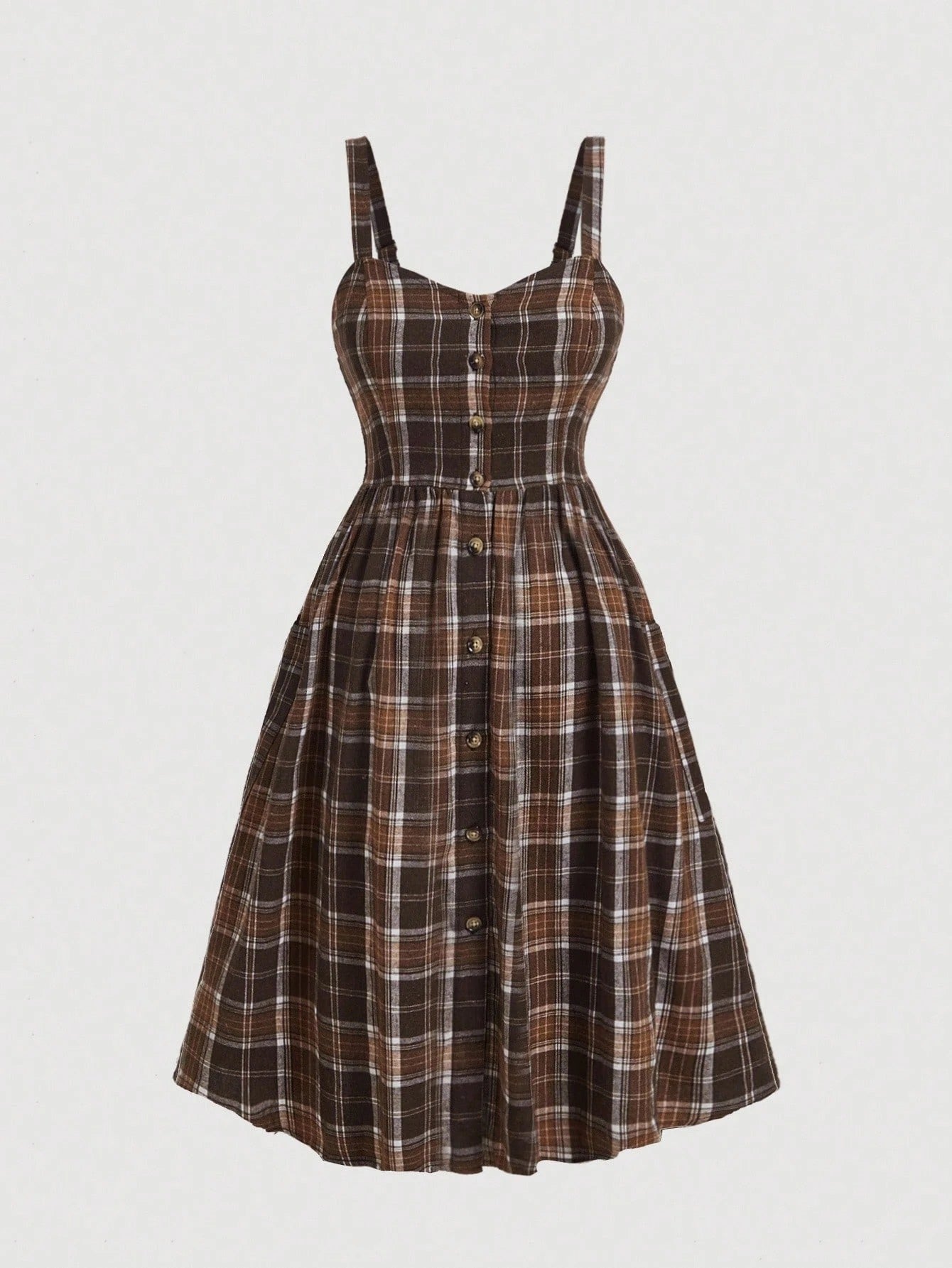 Fashzeo vintage plaid midi slip dress in brown featuring a cinched waist and flared hem5