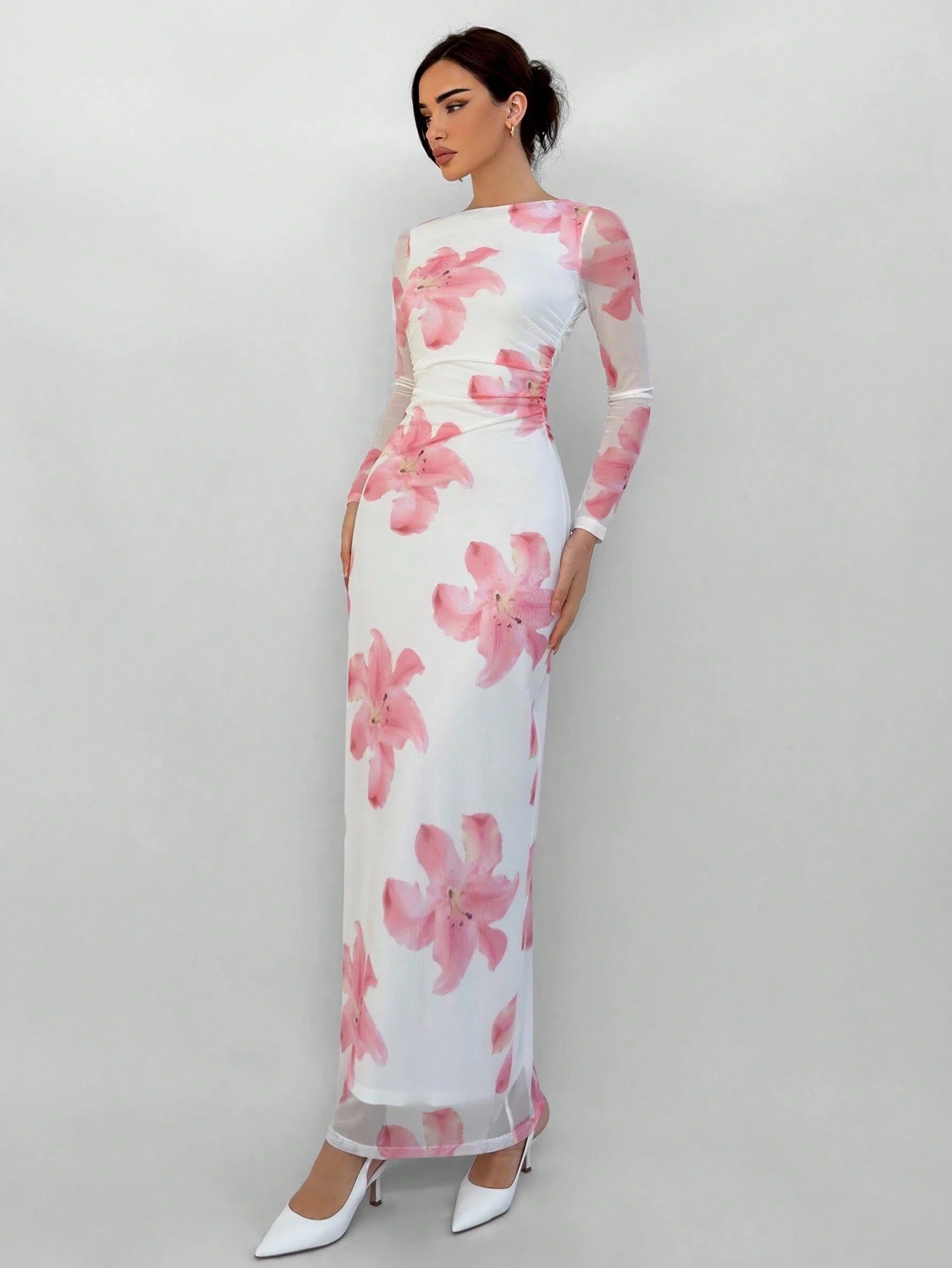 Fashzeo white and pink romantic rose print off-shoulder long dress with pleated long sleeves and a ruched bodycon hip wrap silhouette.