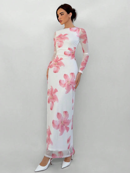 Fashzeo white and pink romantic rose print off-shoulder long dress with pleated long sleeves and a ruched bodycon hip wrap silhouette.