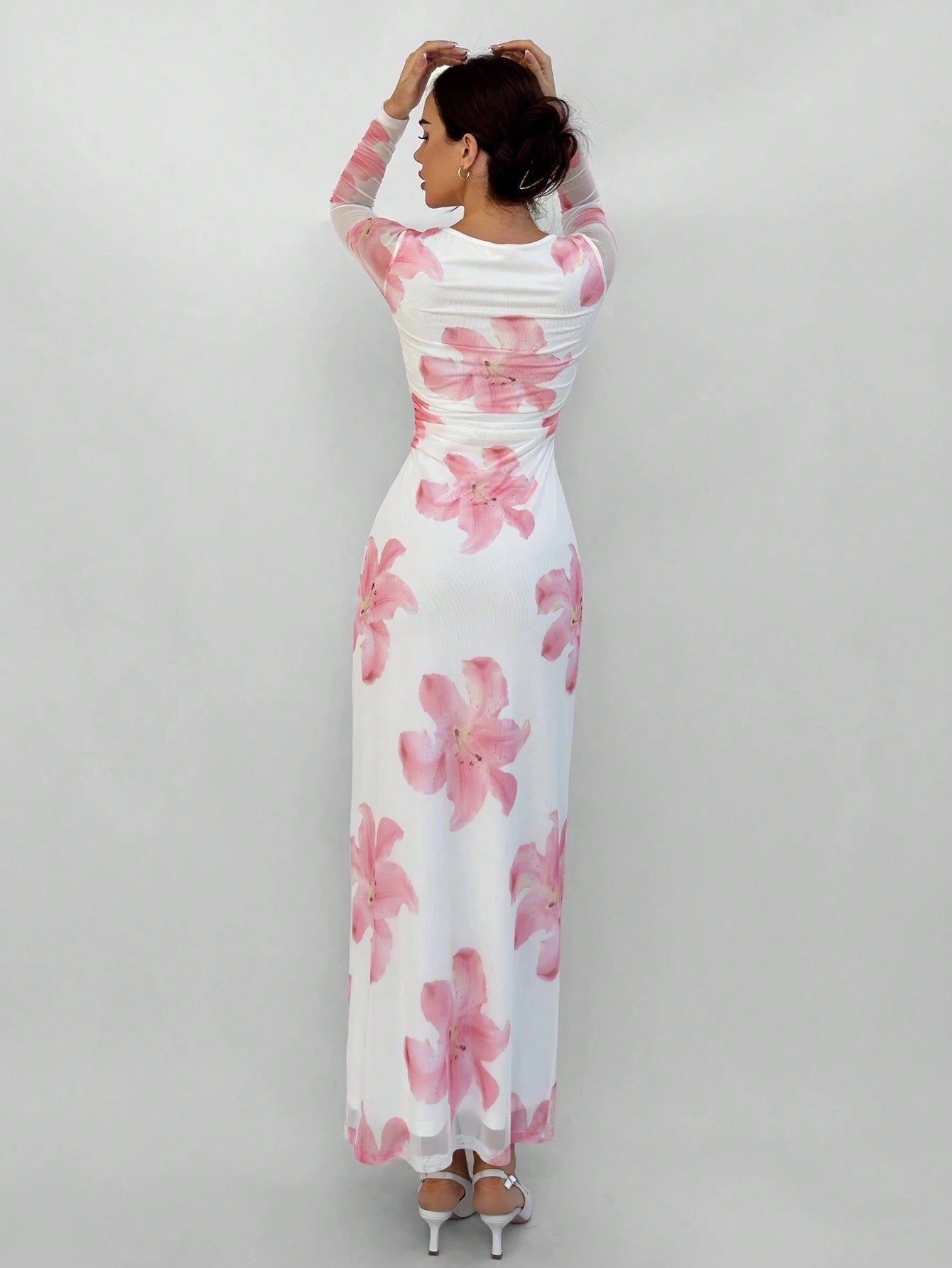 Fashzeo white and pink romantic rose print off-shoulder long dress with pleated long sleeves and a ruched bodycon hip wrap silhouette.