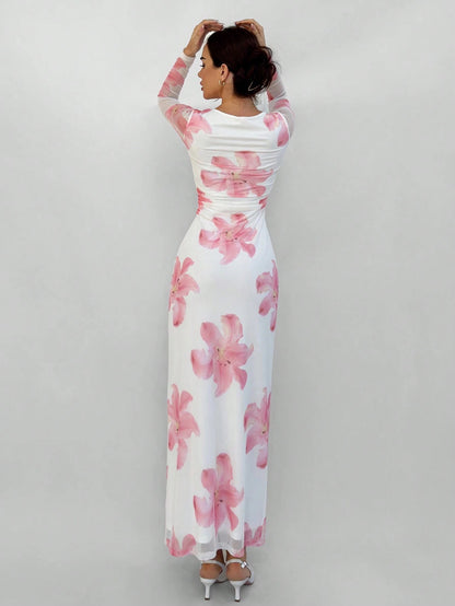 Fashzeo white and pink romantic rose print off-shoulder long dress with pleated long sleeves and a ruched bodycon hip wrap silhouette.