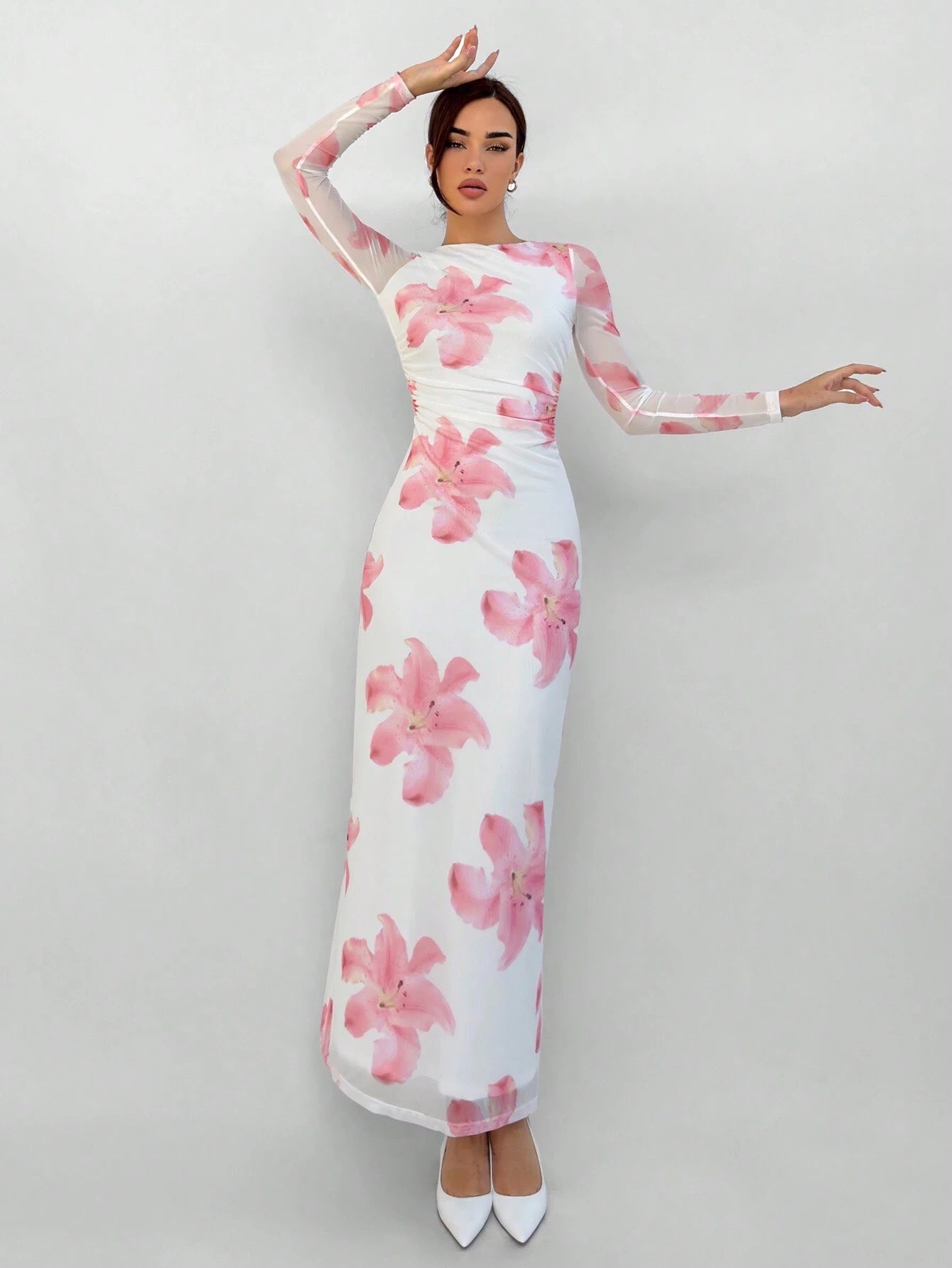 Fashzeo white and pink romantic rose print off-shoulder long dress with pleated long sleeves and a ruched bodycon hip wrap silhouette.