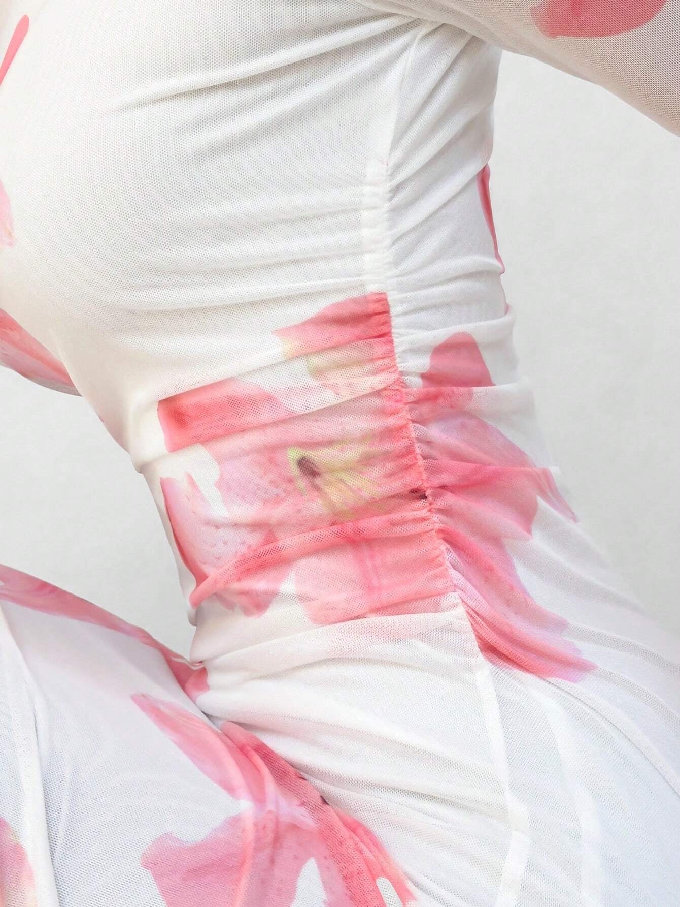 Fashzeo white and pink romantic rose print off-shoulder long dress with pleated long sleeves and a ruched bodycon hip wrap silhouette.