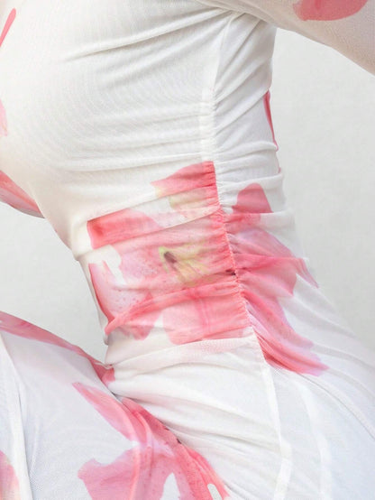 Fashzeo white and pink romantic rose print off-shoulder long dress with pleated long sleeves and a ruched bodycon hip wrap silhouette.