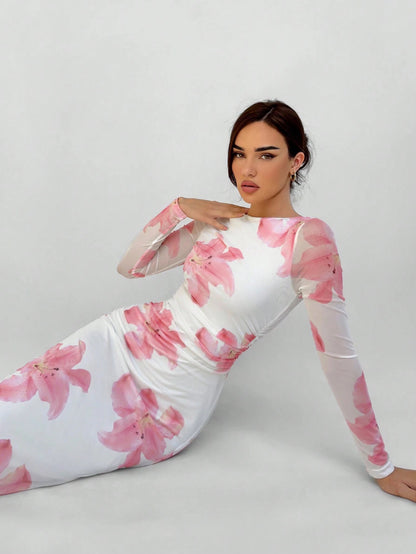 Fashzeo white and pink romantic rose print off-shoulder long dress with pleated long sleeves and a ruched bodycon hip wrap silhouette.