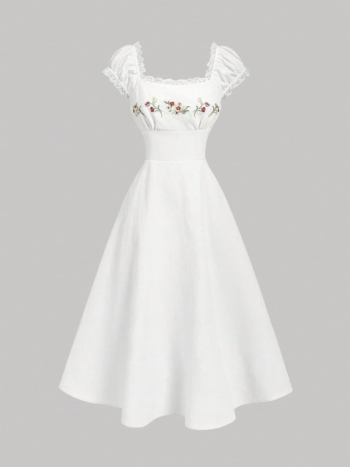Fashzeo white embroidered midi dress with contrast lace square neck and puff shell sleeves
