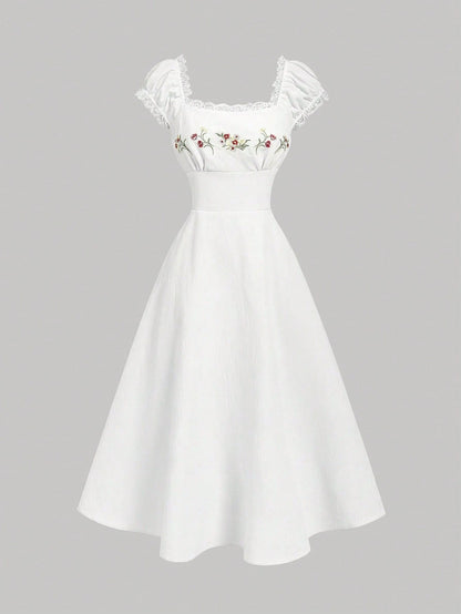 Fashzeo white embroidered midi dress with contrast lace square neck and puff shell sleeves