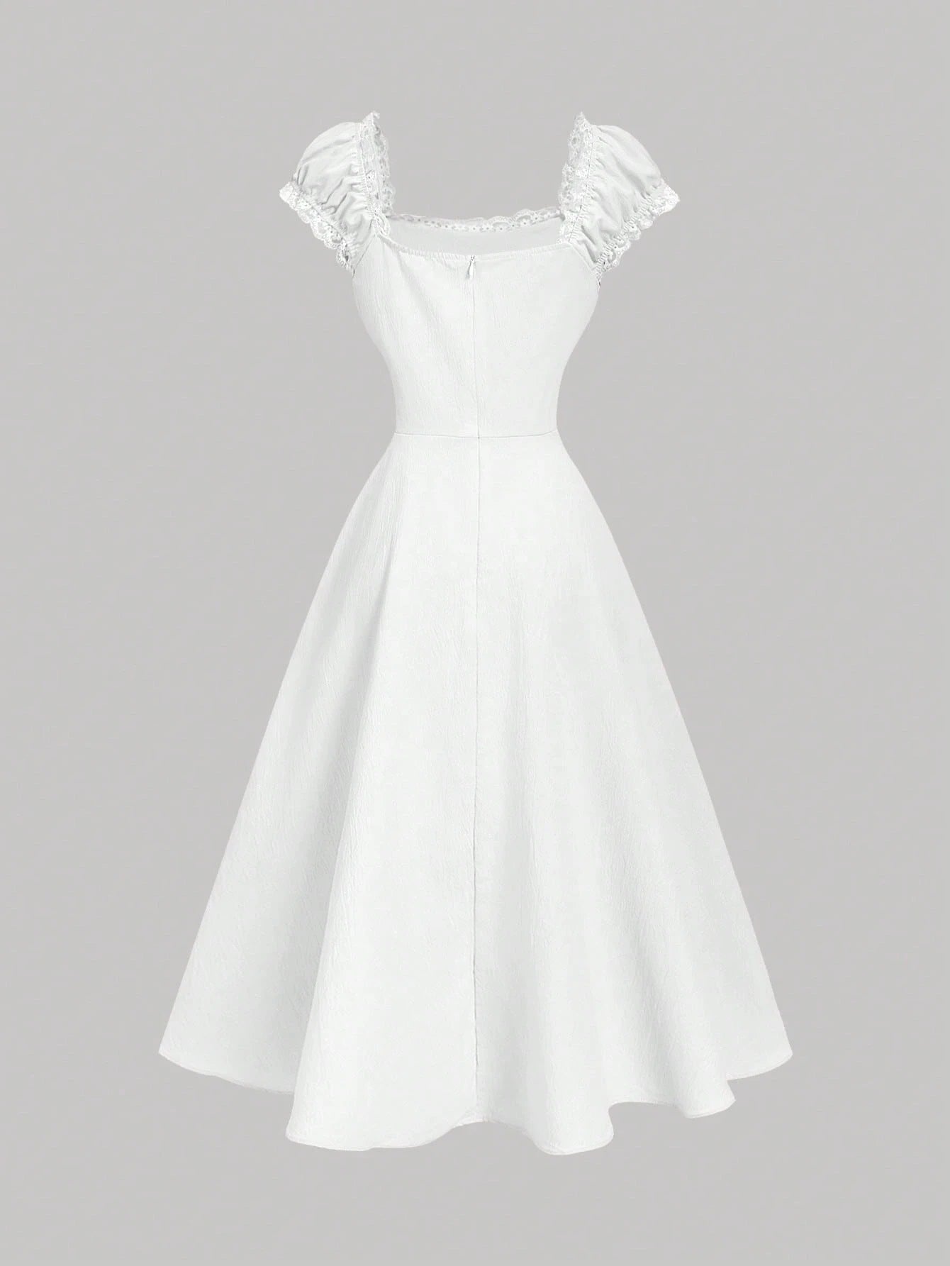 Fashzeo white embroidered midi dress with contrast lace square neck and puff shell sleeves1