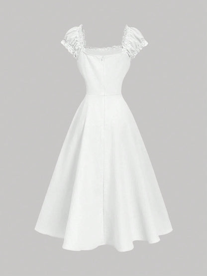 Fashzeo white embroidered midi dress with contrast lace square neck and puff shell sleeves1