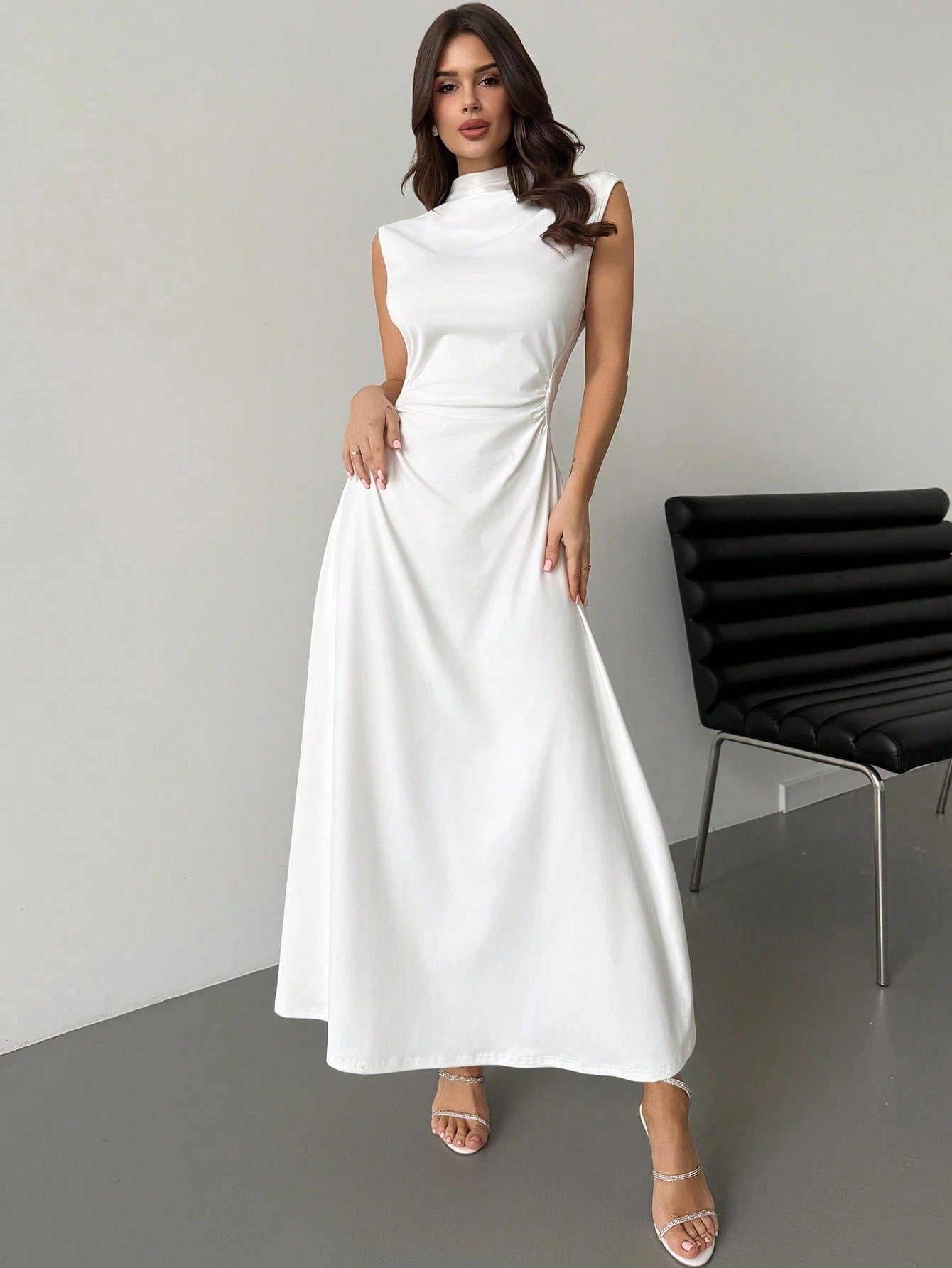 Fashzeo white high neck sleeveless long dress featuring a cinched ruched waist for an elegant and modest romantic aesthetic.