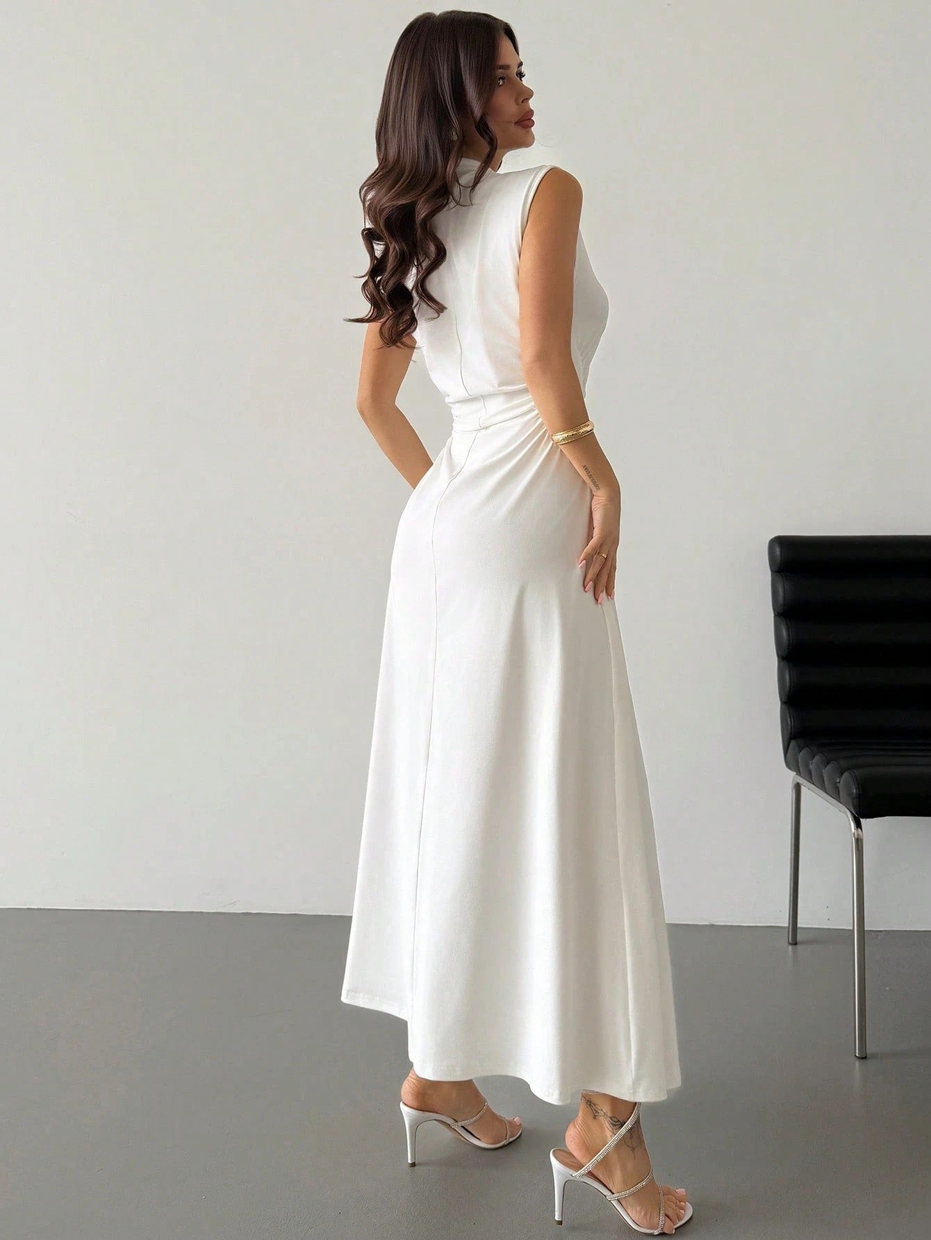 Fashzeo white high neck sleeveless long dress featuring a cinched ruched waist for an elegant and modest romantic aesthetic.1