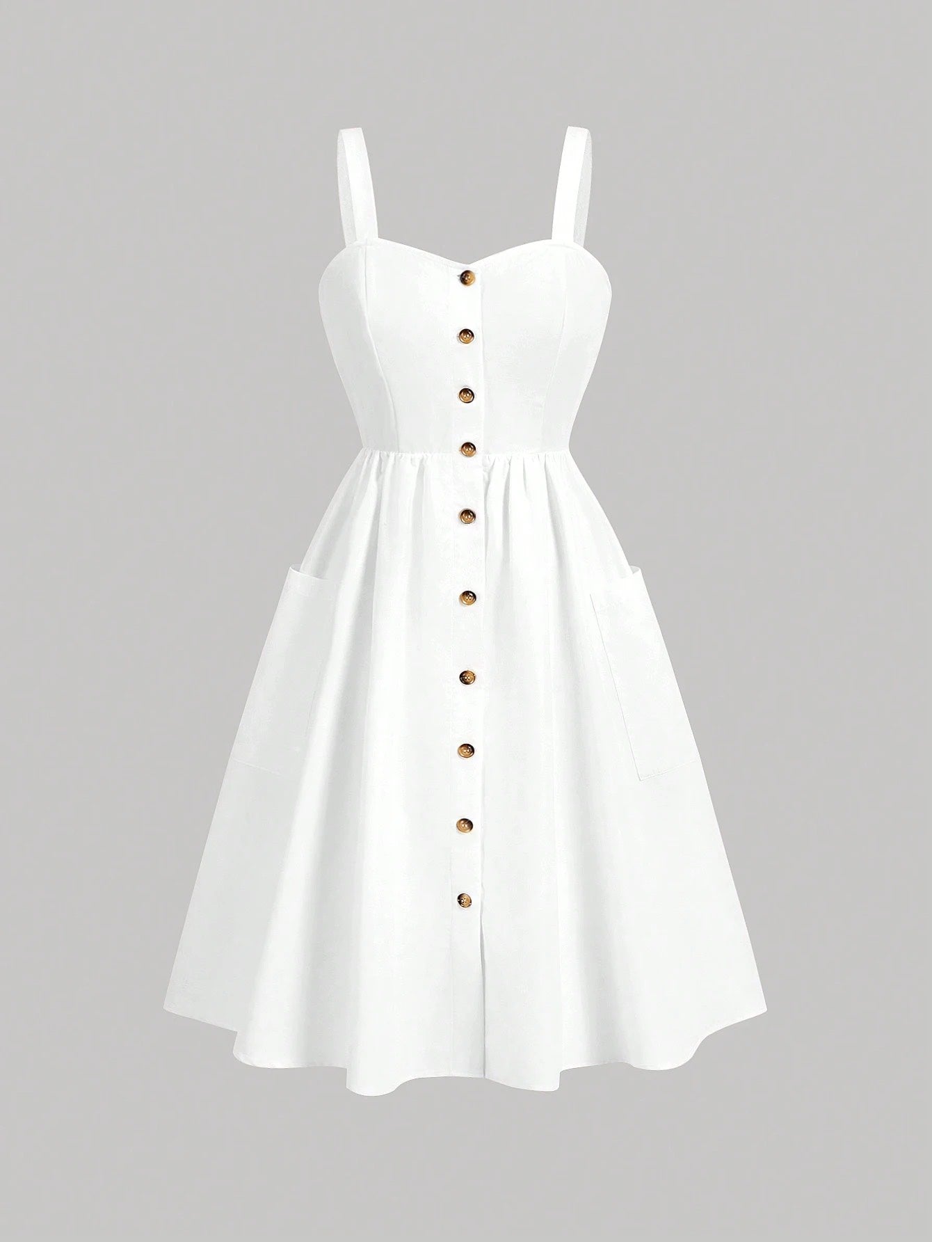 Fashzeo white sleeveless button-front midi sundress with wide straps and functional side pockets for women summer fashion