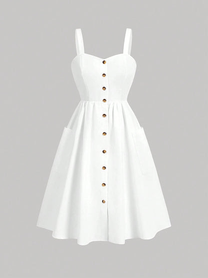 Fashzeo white sleeveless button-front midi sundress with wide straps and functional side pockets for women summer fashion
