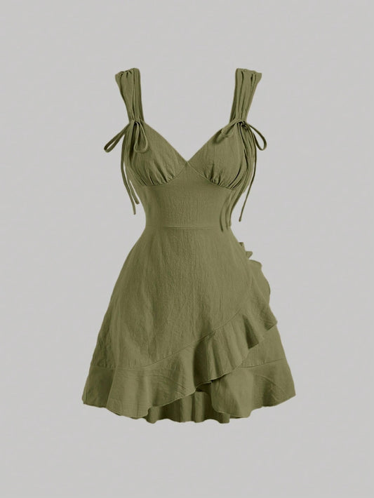 Fashzeo women's Army green ruffle trim wrap hem cami mini dress with adjustable spaghetti straps and asymmetrical skirt.