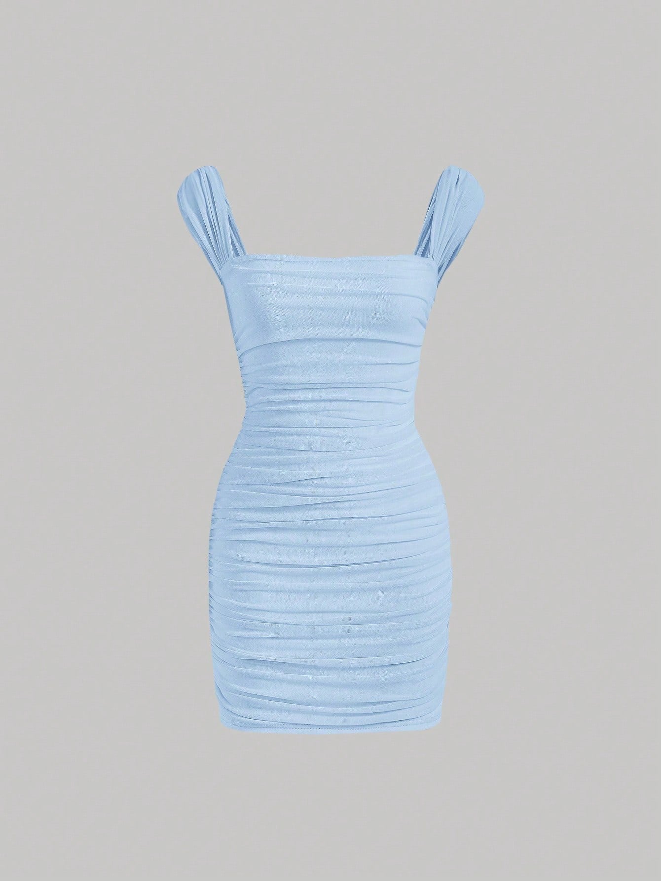 Fashzeo women's Baby Blue sleeveless ruched cami bodycon mini dress with square neckline and sheer mesh overlay in a sexy party style.