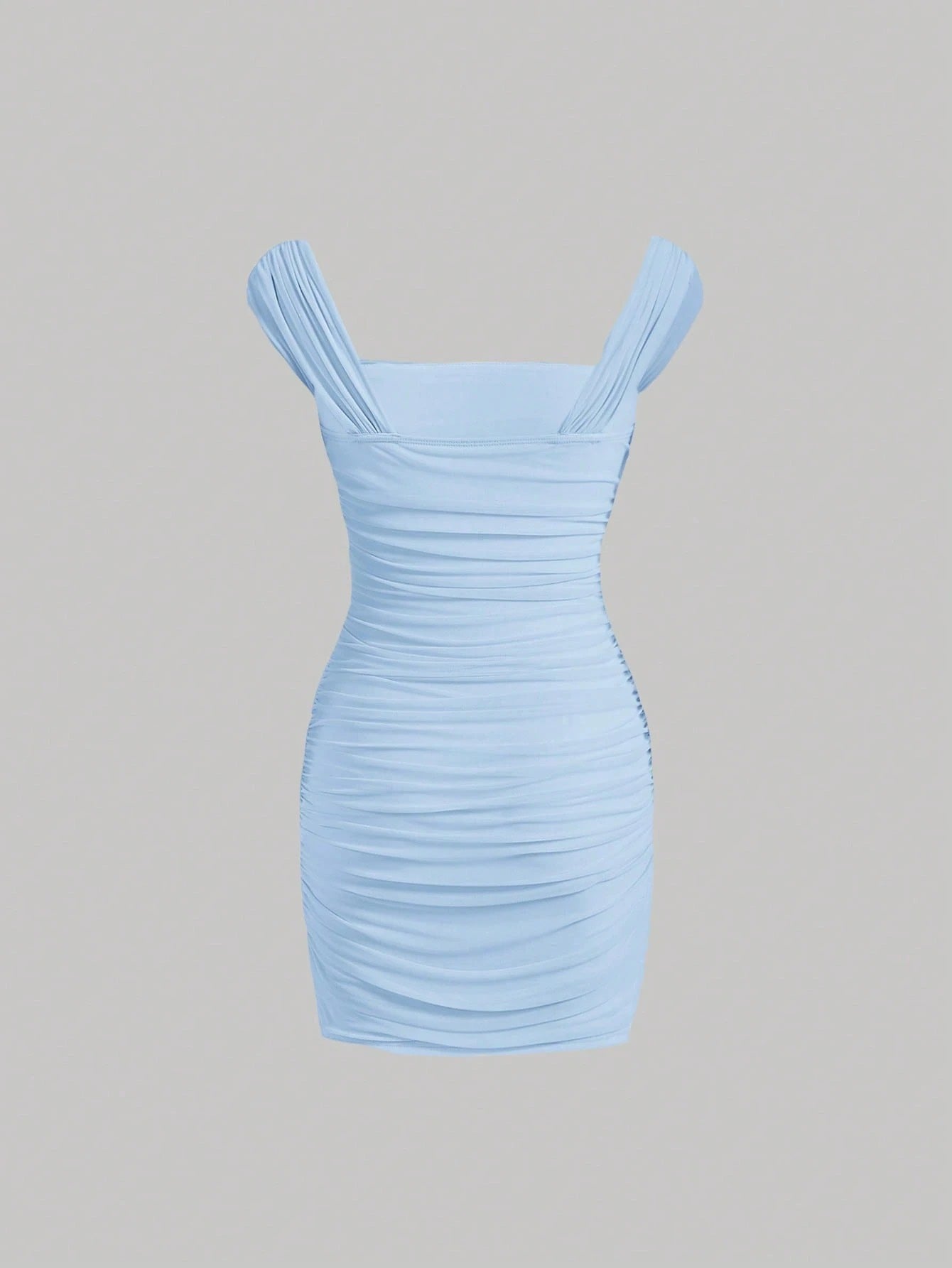 Fashzeo women's Baby Blue sleeveless ruched cami bodycon mini dress with square neckline and sheer mesh overlay in a sexy party style.1