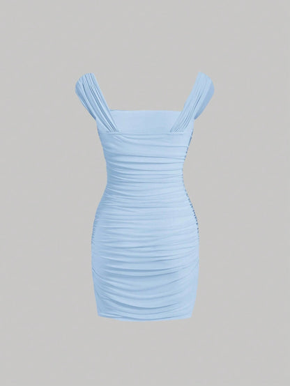 Fashzeo women's Baby Blue sleeveless ruched cami bodycon mini dress with square neckline and sheer mesh overlay in a sexy party style.1