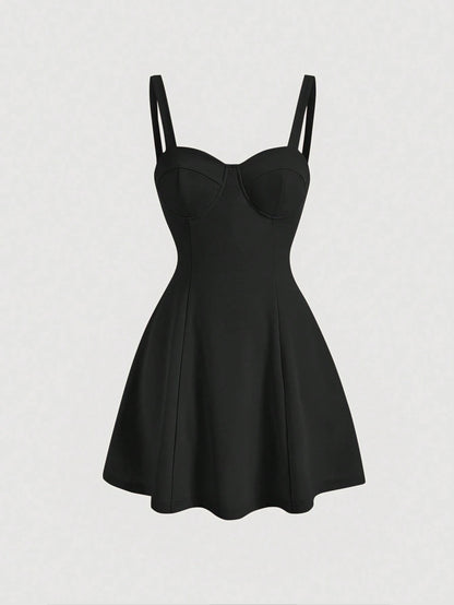Fashzeo women's Black bustier cami mini dress with snatched waist and flared skirt for party wear