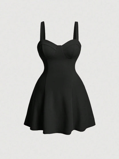 Fashzeo women's Black bustier cami mini dress with snatched waist and flared skirt for party wear3