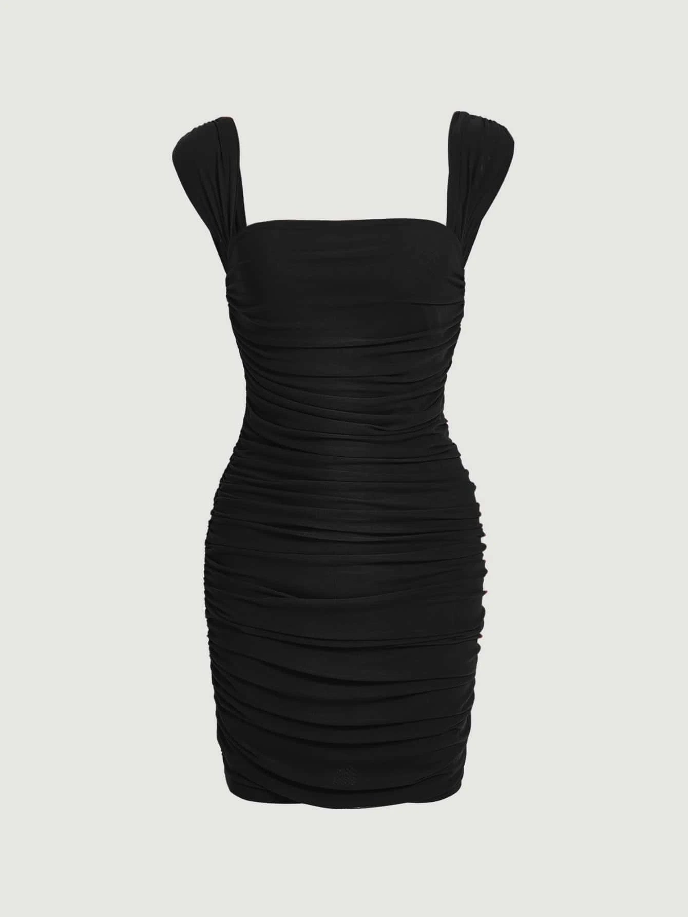 Fashzeo women's Black sleeveless ruched cami bodycon mini dress with square neckline and sheer mesh overlay in a sexy party style.