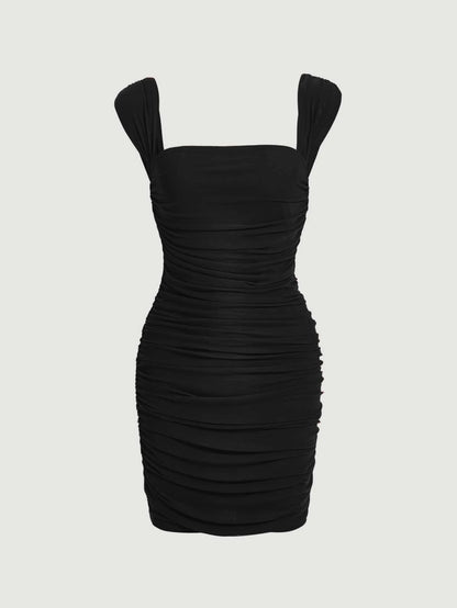 Fashzeo women's Black sleeveless ruched cami bodycon mini dress with square neckline and sheer mesh overlay in a sexy party style.