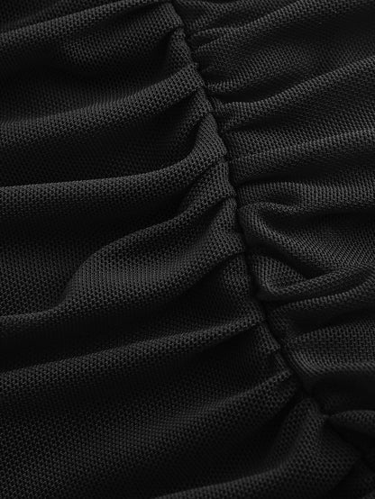 Fashzeo women's Black sleeveless ruched cami bodycon mini dress with square neckline and sheer mesh overlay in a sexy party style.4