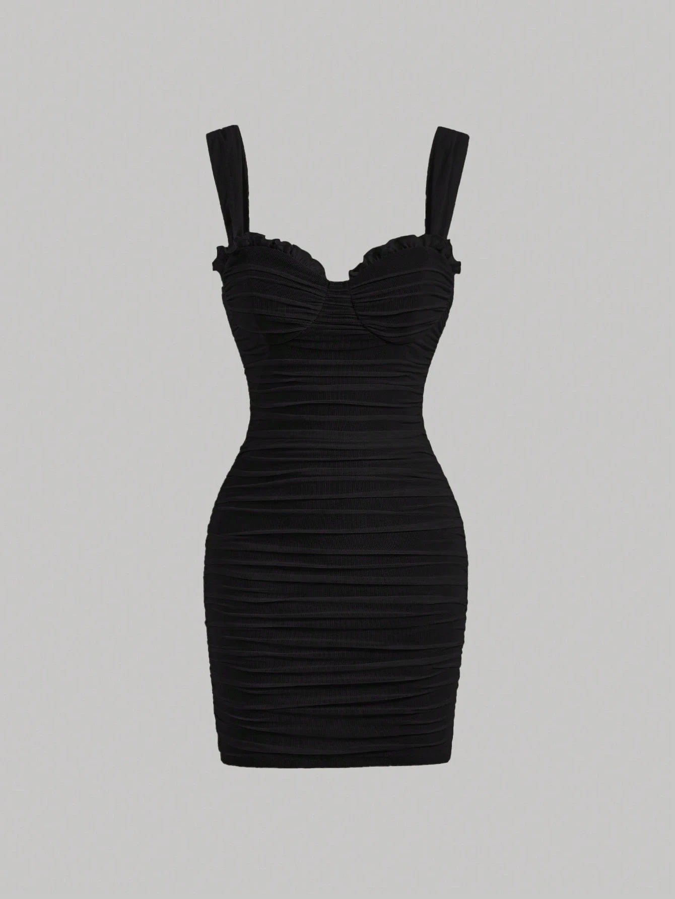 Fashzeo women's Black wide strap square neck bodycon mini dress with all-over ruched detailing and zipper back in a glam party style.