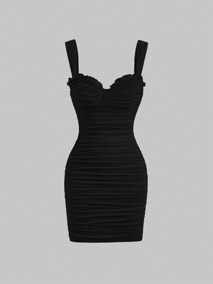 Fashzeo women's Black wide strap square neck bodycon mini dress with all-over ruched detailing and zipper back in a glam party style.