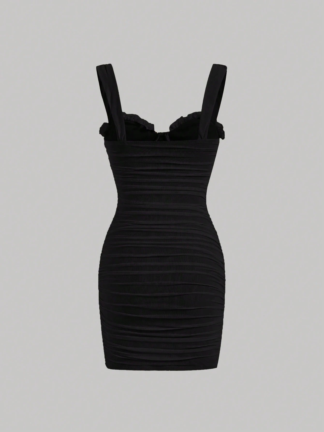Fashzeo women's Black wide strap square neck bodycon mini dress with all-over ruched detailing and zipper back in a glam party style.1