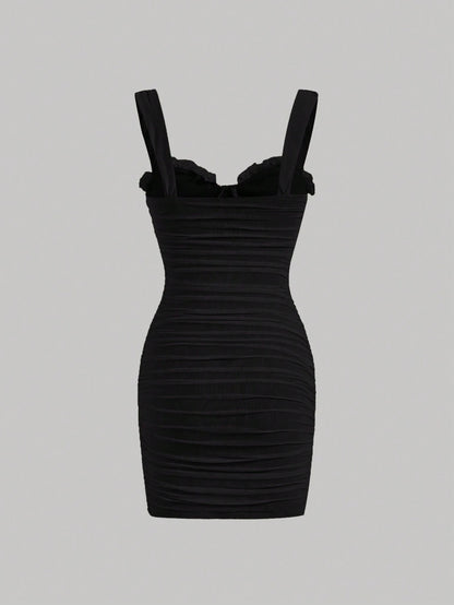 Fashzeo women's Black wide strap square neck bodycon mini dress with all-over ruched detailing and zipper back in a glam party style.1