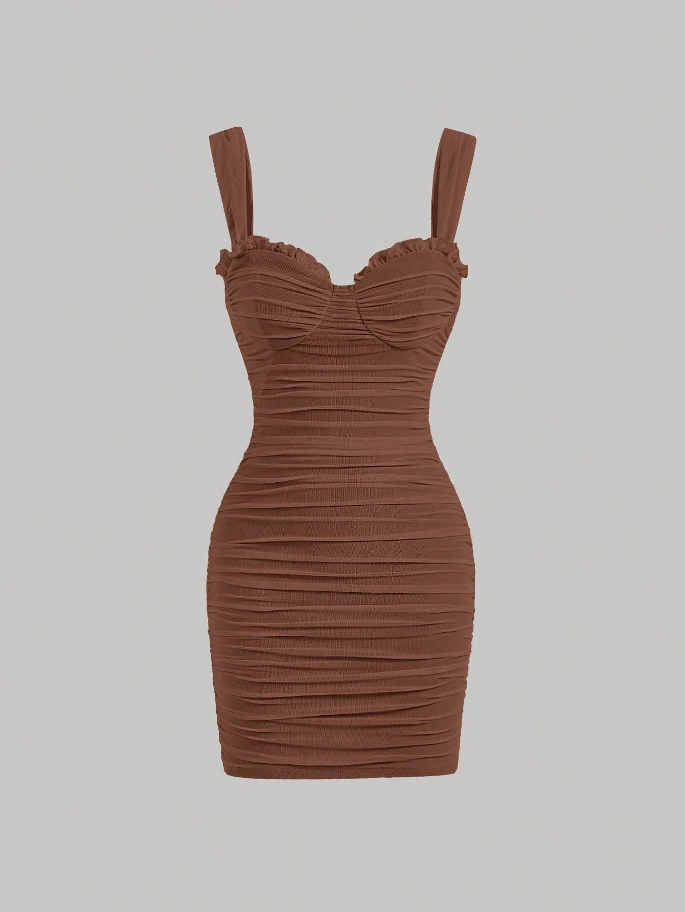 Fashzeo women's Brown wide strap square neck bodycon mini dress with all-over ruched detailing and zipper back in a glam party style.