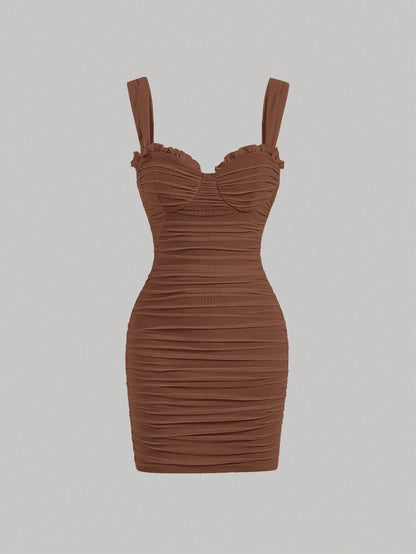 Fashzeo women's Brown wide strap square neck bodycon mini dress with all-over ruched detailing and zipper back in a glam party style.